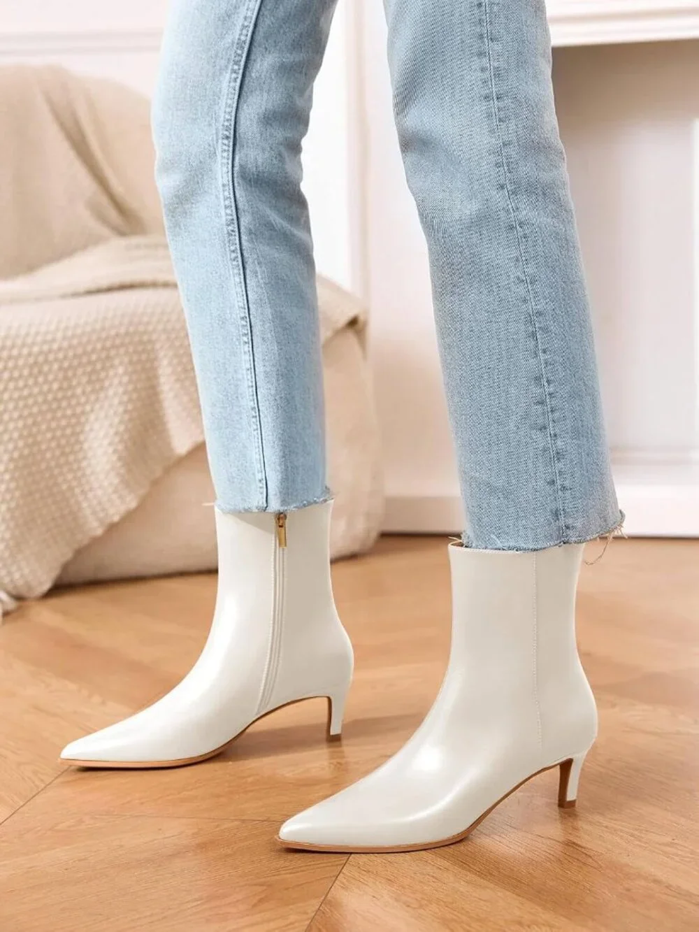 Women Cream White Pu Kitten Heel Faux Leather Pointed Toe Side Zipper Ankle Boot